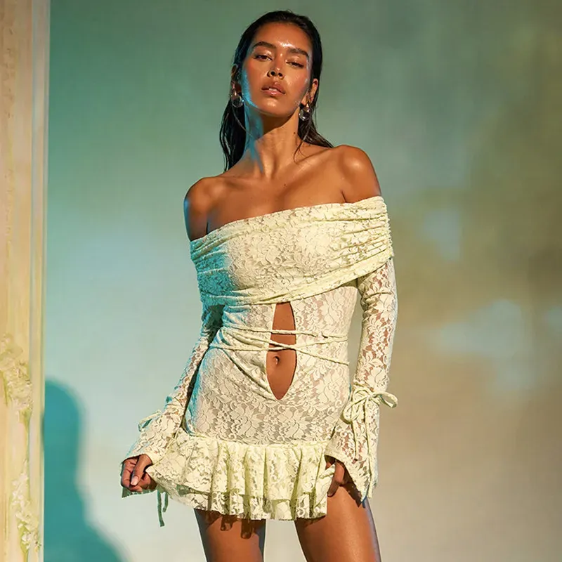 Women Fashion Sexy Solid Color Off Shoulder Mesh Long Sleeve Strap Dress