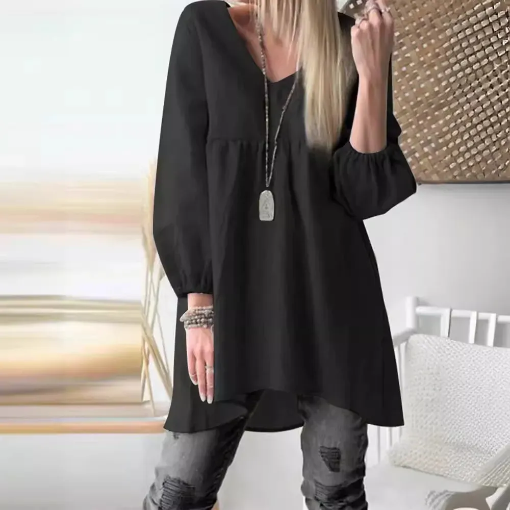 Women Casual Solid Color V-Neck Puff Sleeve Shirt Top