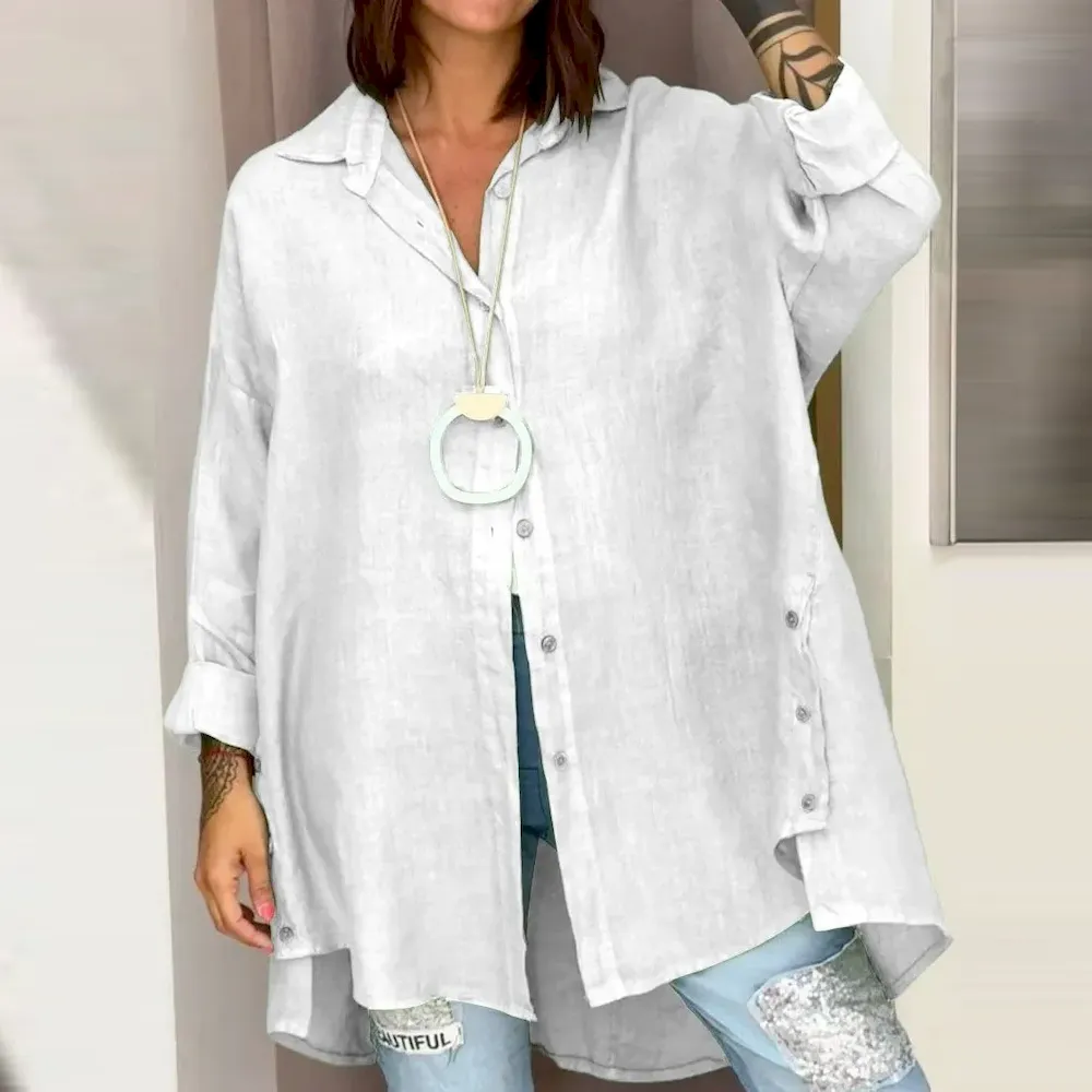 Summer Women Fashion Solid Color Casual Loose Cotton Linen Shirt Top