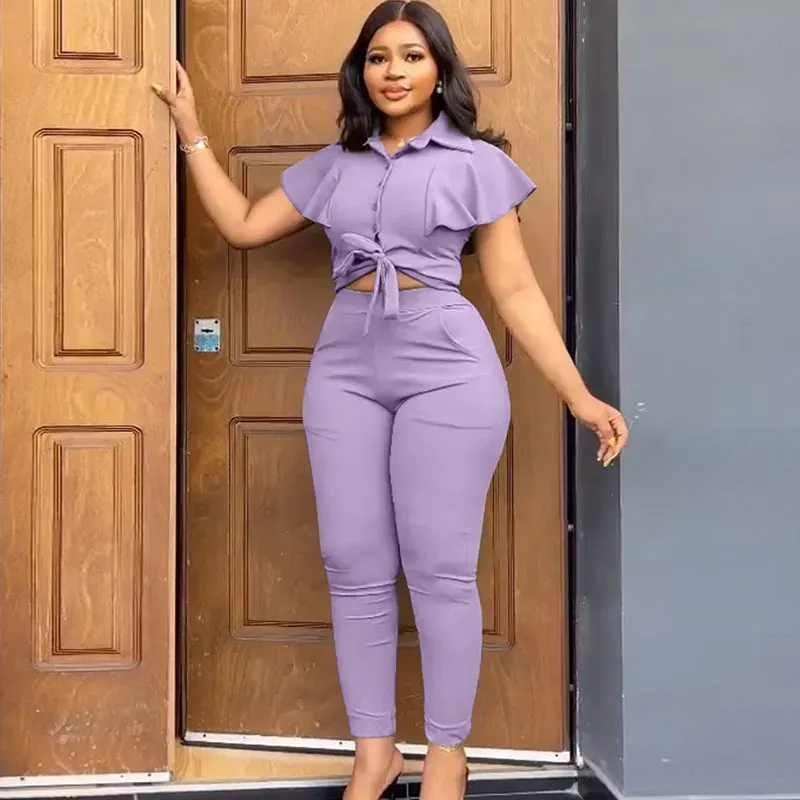 Women Spring And Summer Short Sleeve Fashion Lapel Blouse Pants Solid Color Set