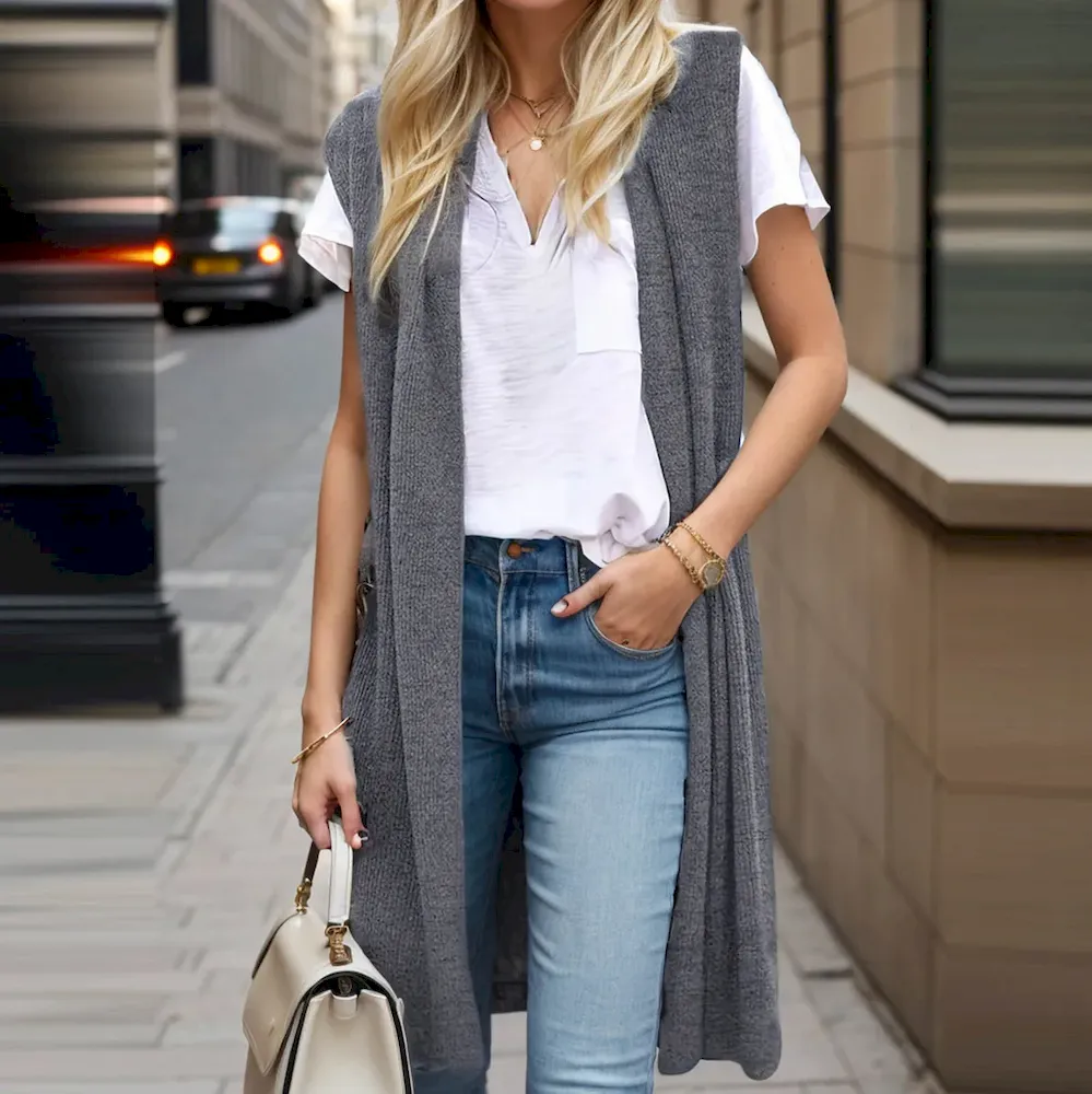 Women Solid Color Casual Sleeveless Knitted Vest Jacket