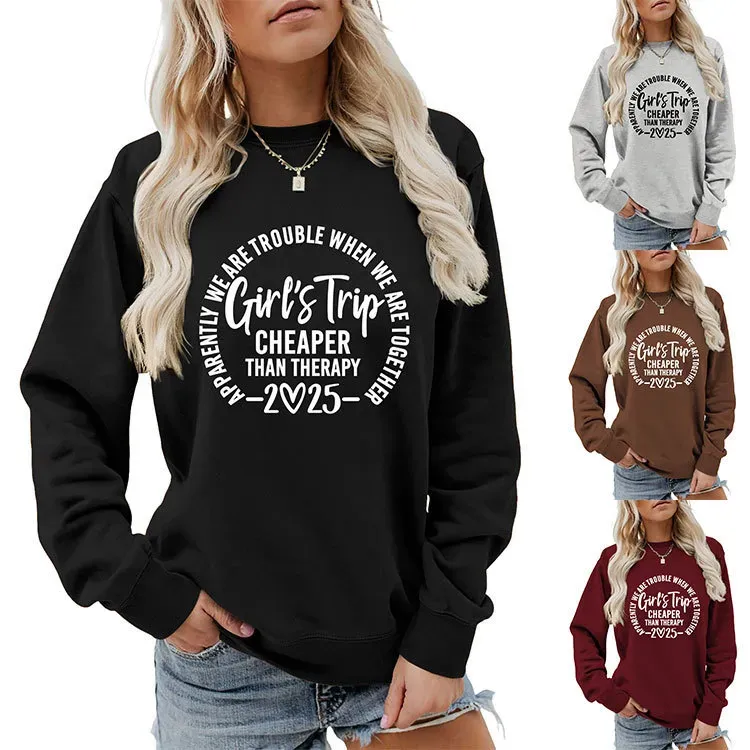Women Casual Solid Color 2025 Letter Print Round Neck Long Sleeve Sweatshirt