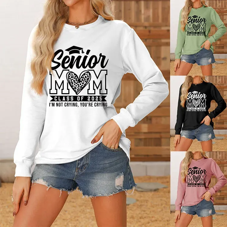 Women Casual Solid Color Mom 2025 Letter Print Round Neck Long Sleeve Sweatshirt
