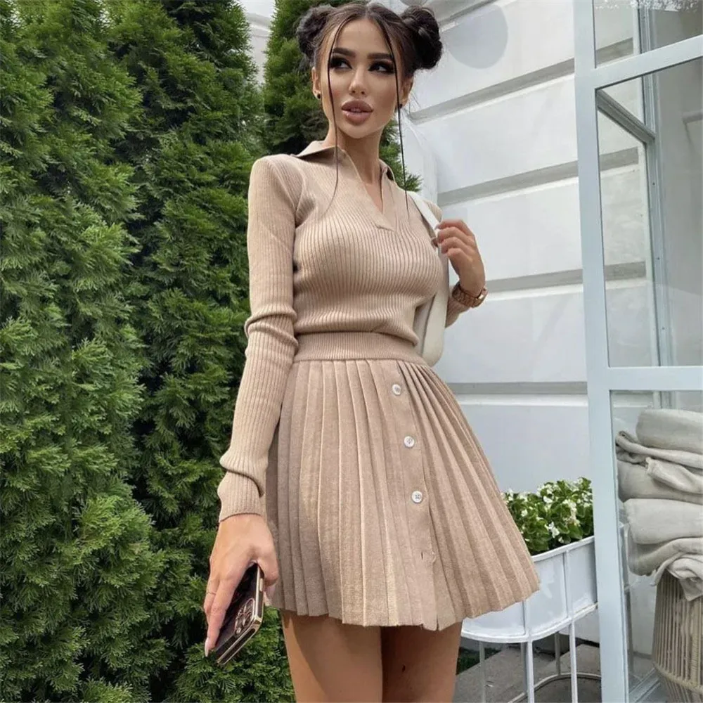 Women Fashion Solid Color V-Neck Long Sleeve Knitted Top Pleated Skirt Two-Piece Set