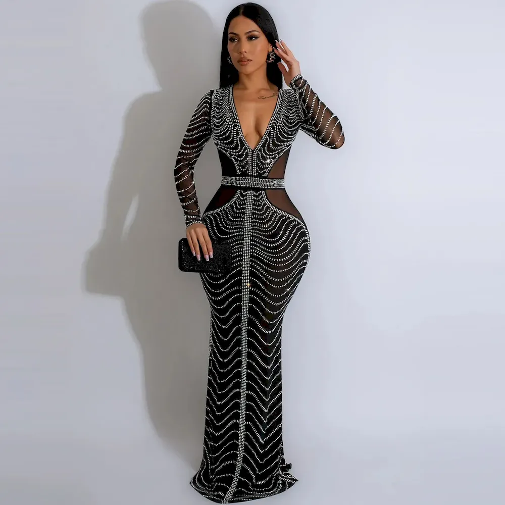 Women Fashion Sexy Deep V Mesh Hot Drilling Long Sleeve Maxi Party Dress