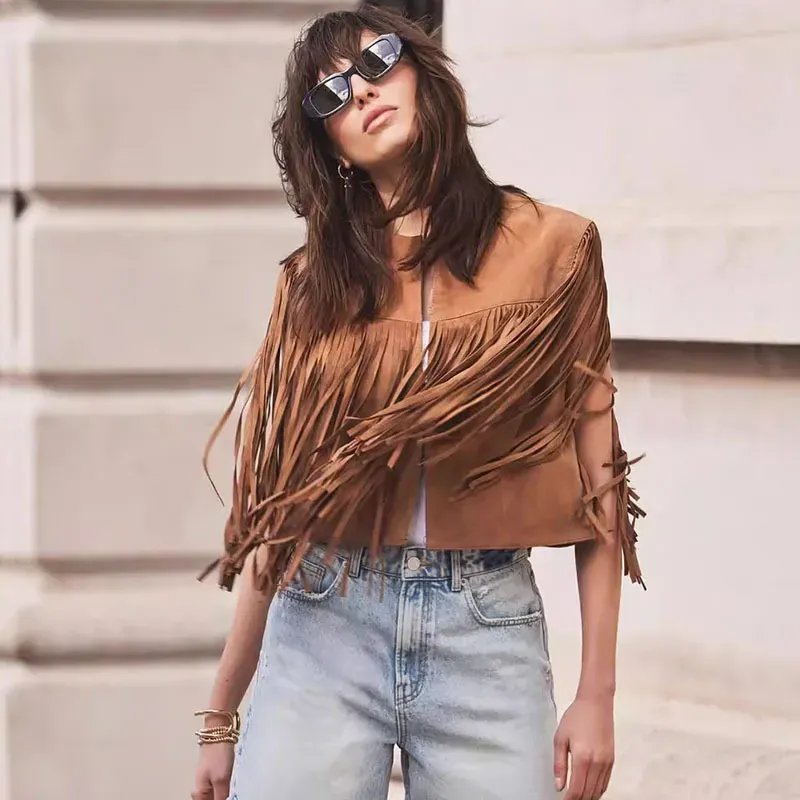 Vintage Women Solid Color Tassel Suede Vest Coat