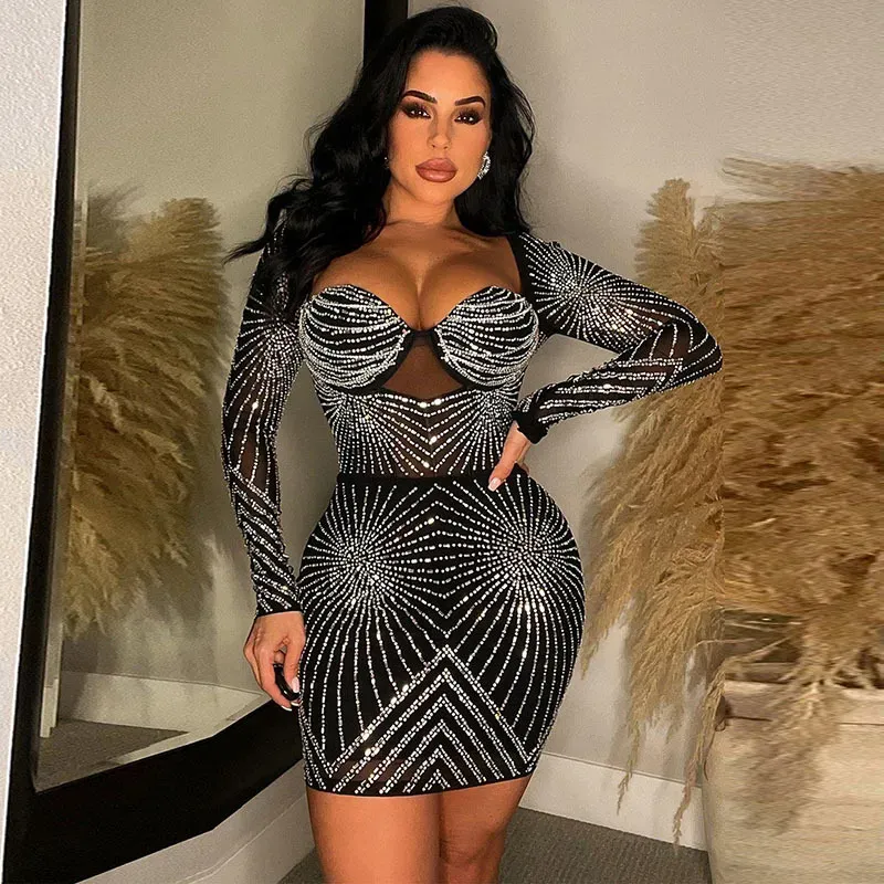 Fashion Women Solid Color Mesh Rhinestone Long Sleeve Party Mini Dress