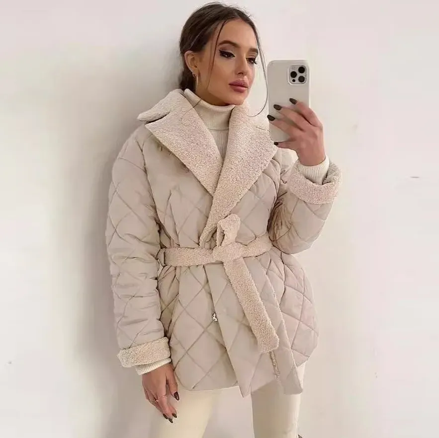 Autumn Winter Women Fashion Lapel Thickened Warm Lace-Up Long-Sleeved Cotton-Padded Coat