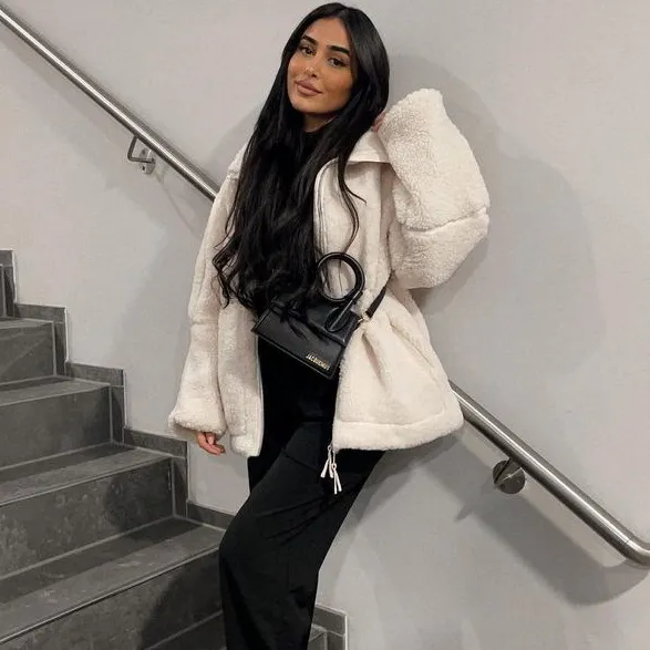 Autumn Winter Women Fashion Solid Color Thickened Warm Cashmere Long Sleeve Zipper Jacket