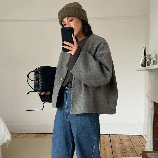 Women Fashion V-Neck Woolen Cardigan Single Button Jacket