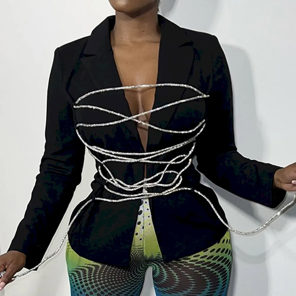 Women Casual Solid Color Strap Long Sleeve Blazer Coat