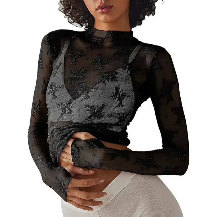 Women Fashion Sexy Lace Perspective Round Neck Long Sleeve Base Shirt