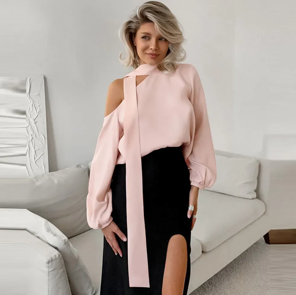 Women Fashion Shed Irregular Collar Long Sleeve Shirt