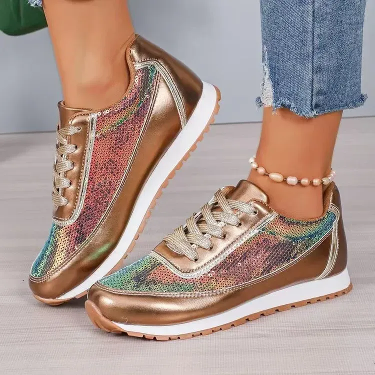Women Fashion Casual Plus Size Sequin Lace-Up Thick-Soled Sneaker