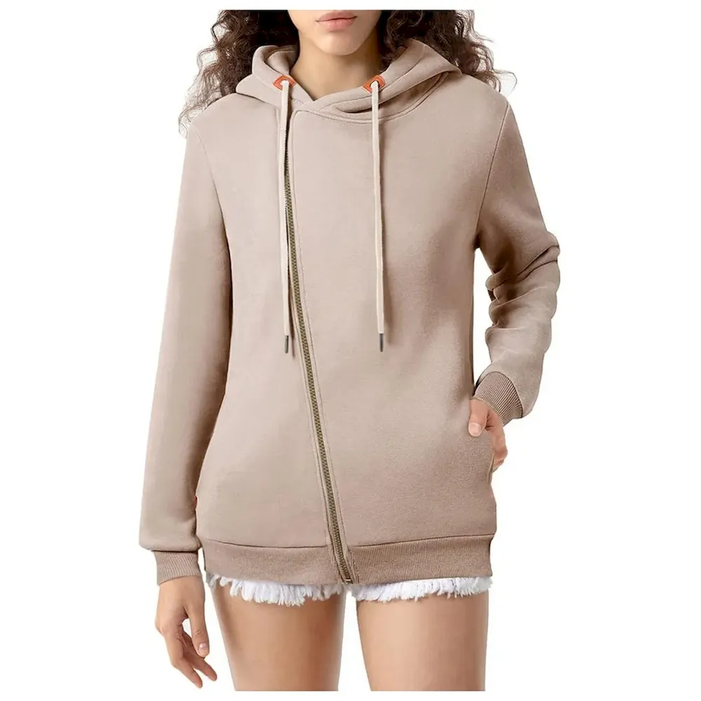 Women Casual Solid Color Pockets Zipper Hoodies