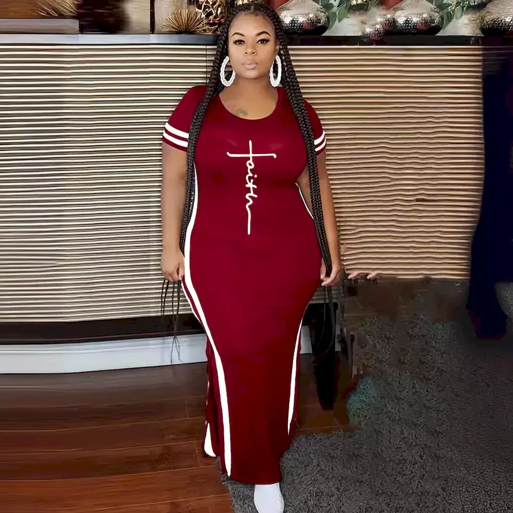 Women Fashion Casual Printed Split Short Sleeve Round Neck Plus Size Dress