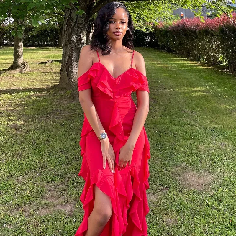 Women Fashion Sexy Irregular Solid Color Sleeveless Camisole Ruffled Dress