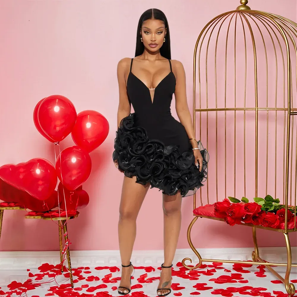 Women Fashion Sexy Solid Color Irregular Lotus Leaf Lace Camisole Dress