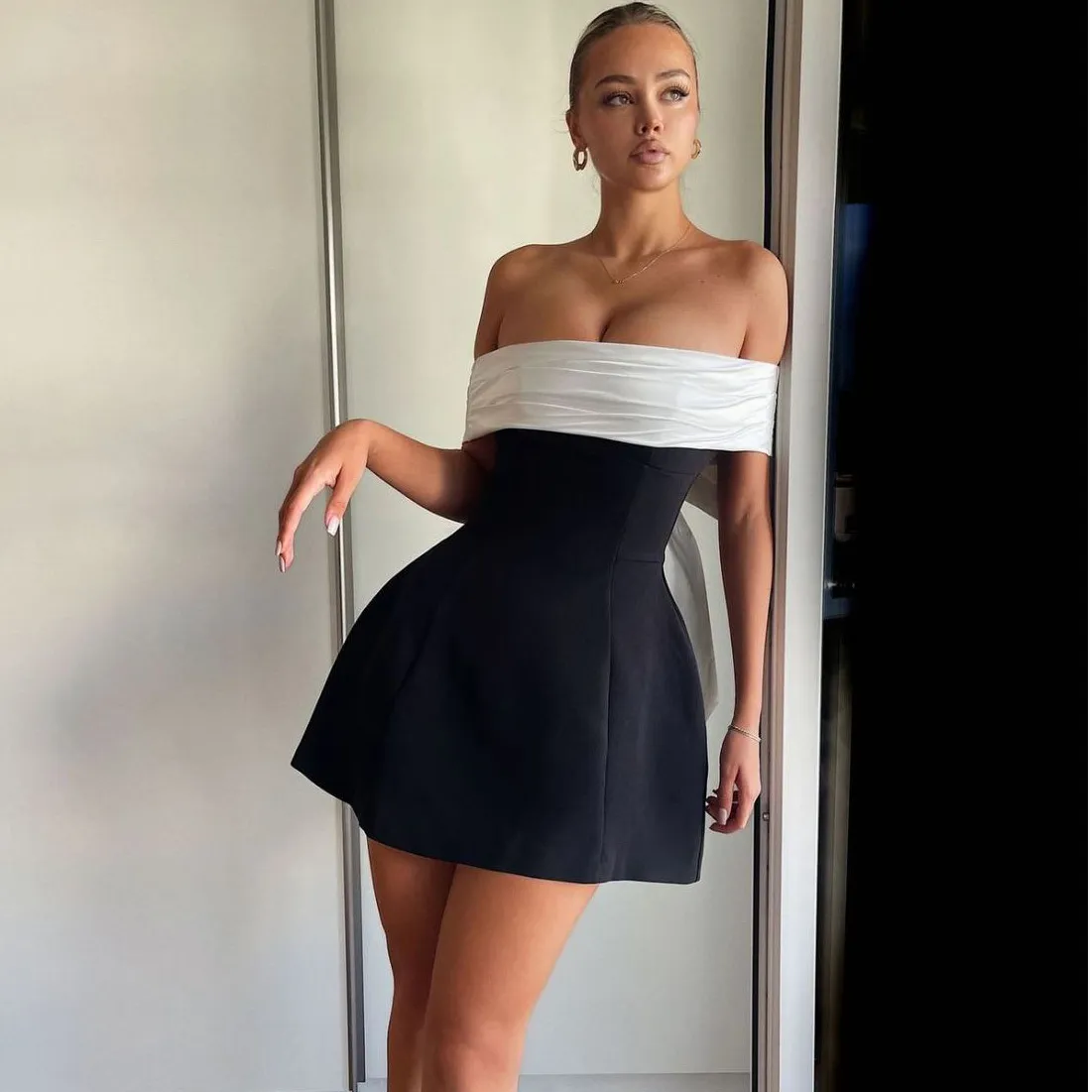 Women Fashion Sexy Contrast Color Off-Shoulder Sleeveless Bowknot Dress