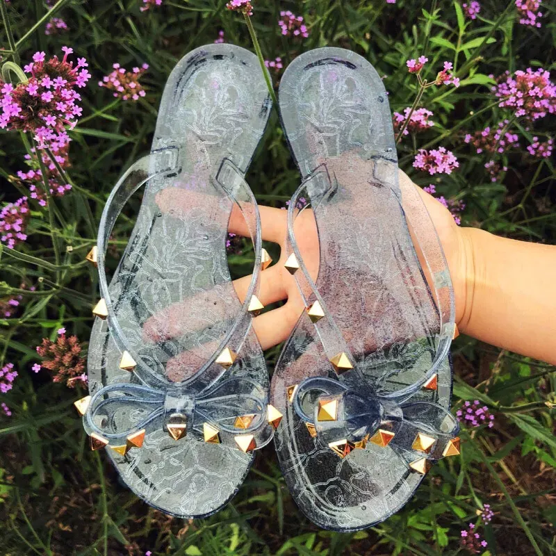 Women Fashion Casual Transparent Rivet Flat Flip-Flops Slippers