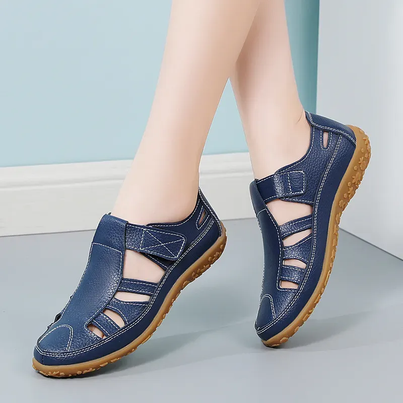 Women Fashion Casual Solid Color Hollow Hole Wedge Velcro Sandals