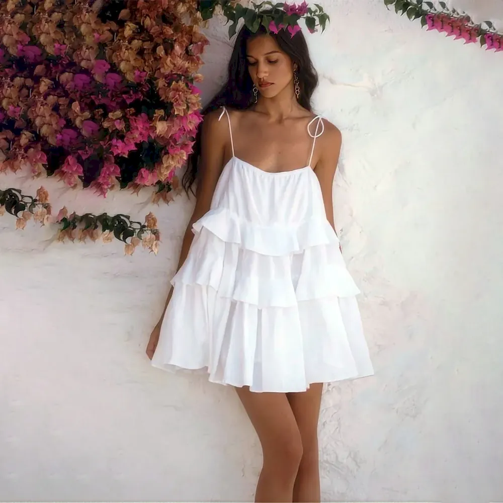 Women Sexy Elegant Solid Color Multi-Layer Ruffle Spaghetti Strap Backless Dress