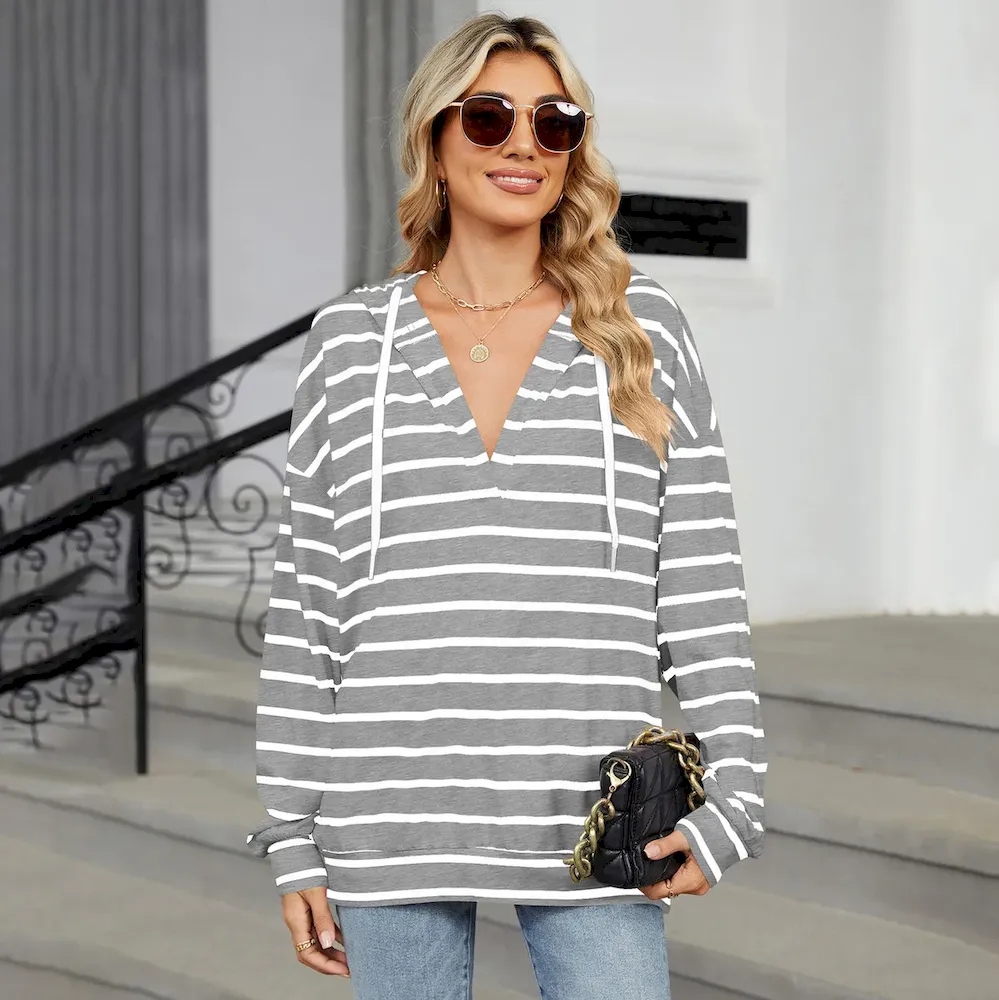 Women Fashion Casual Stripe V-Neck Long Sleeve Loose Hoodies