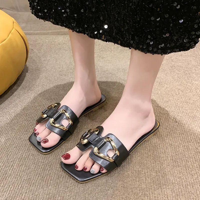 Women Fashion Solid Color Metal Double Buckle Square-Toe Flat Slippers