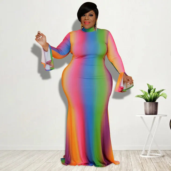 Women Fashion Casual Plus Size Gradient Long-Sleeve Slim Fit Dress