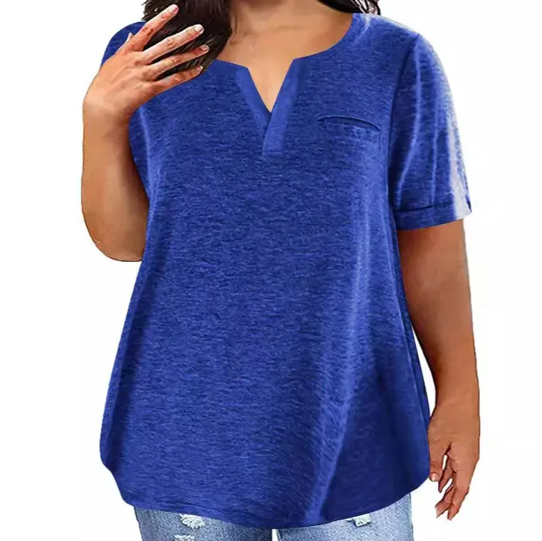Women Fashion Casual Plus Size Solid Color V-Neck Short-Sleeve T-Shirt
