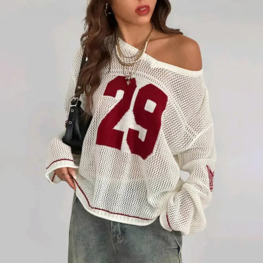 Women Fashion Casual Digital Printed Long-Sleeve Loose Knitwear