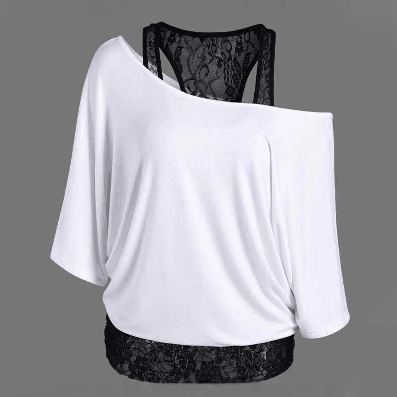 Women Fashion Plus Size Lace Splicing Slanted Shoulder Bat Sleeve T-Shirt