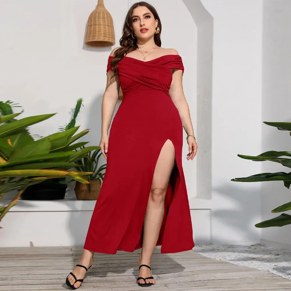 Women Fashion Sexy Solid Color Plus Size Off-The-Shoulder Split Dress