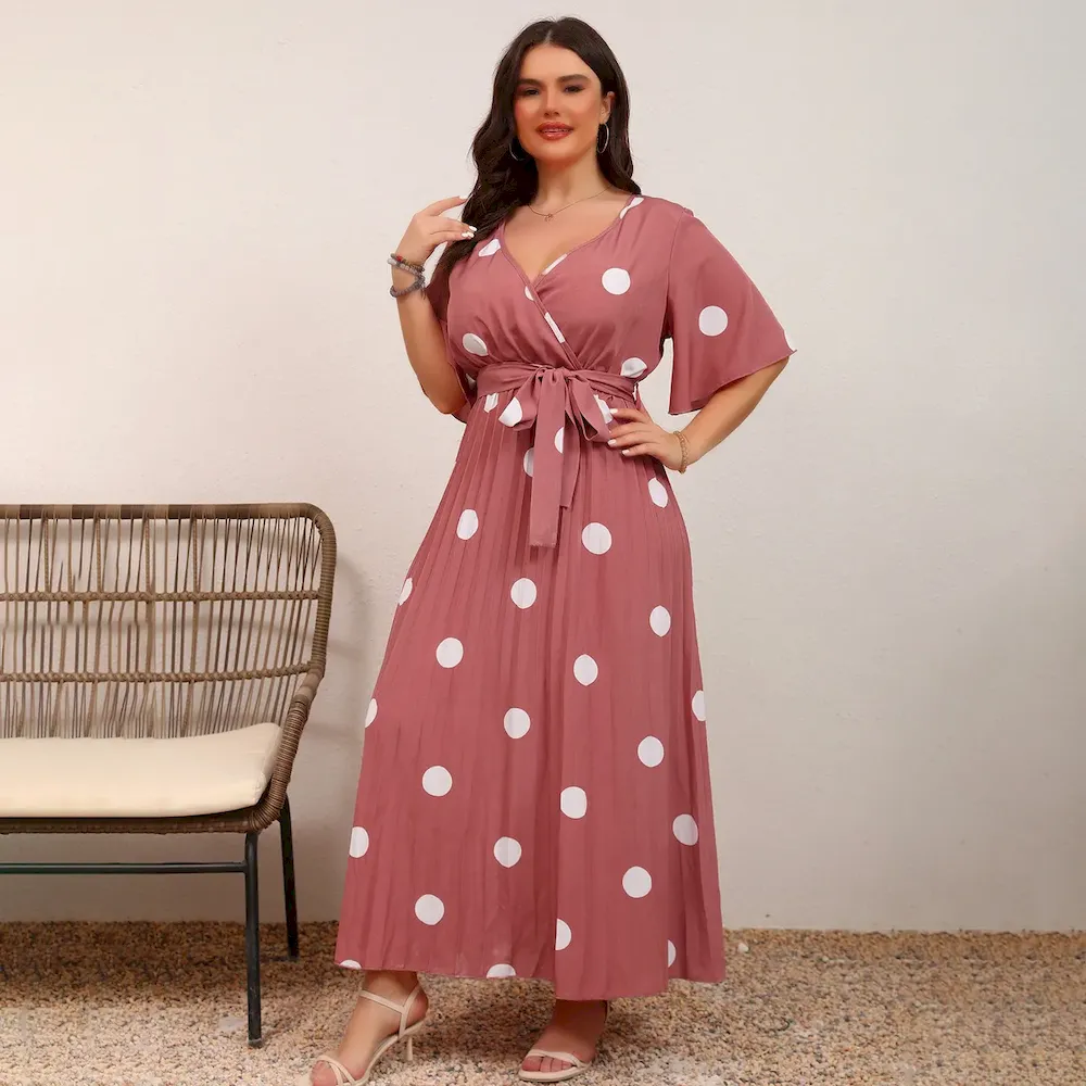 Women Fashion Casual Plus Size Dot Print V-Neck Short-Sleeve Lace-Up Dress