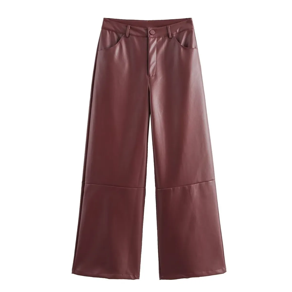 Women Fashion Casual High Waist Loose Leather Stitching Wide-Leg Pants