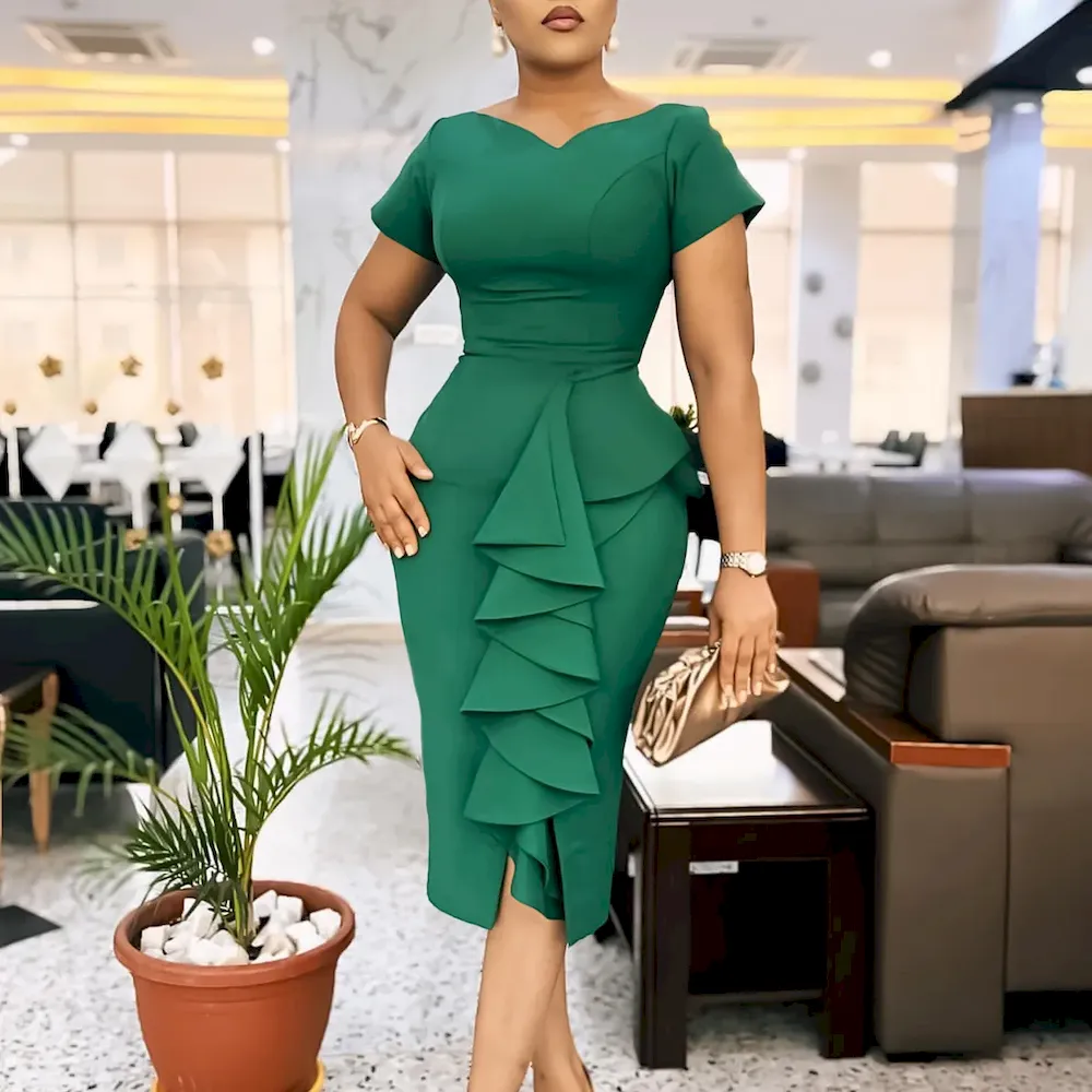 Women Fashion Elegant Plus Size Ruffled Solid Color Short-Sleeve High Waist Dress