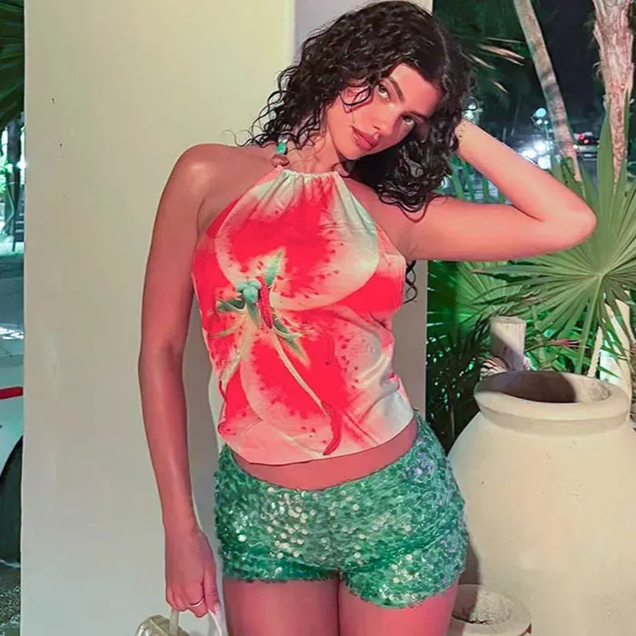 Women Summer Fashion Floral Printed Sleeveless Backless Halter Neck Camis