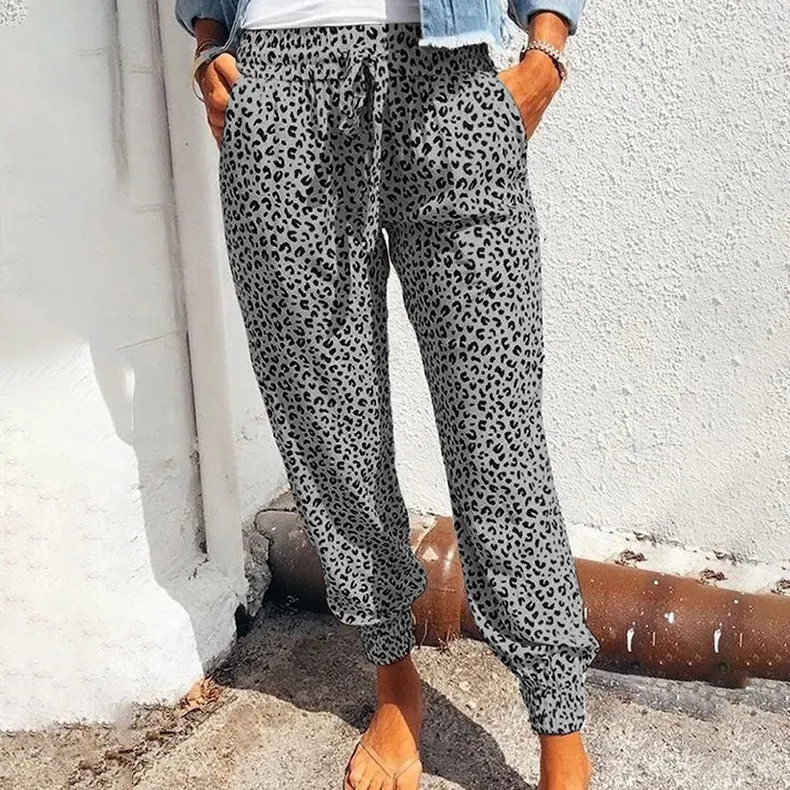 Women Fashion Casual Leopard Loose Lace-Up Pants