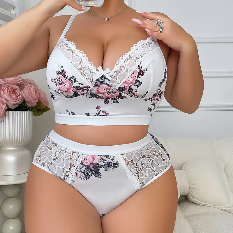 Plus Size Women Fashion Floral Printing Lace Stitching Underwear Two-Piece Set