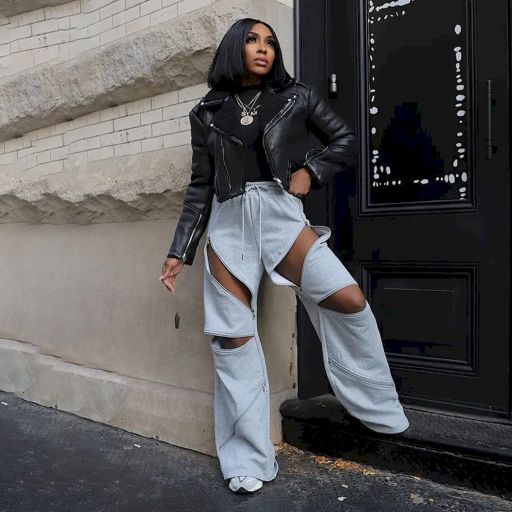 Women Fashion Sexy Stitching Multi-Zipper Hollow-Out Loose Straight Flare Pants