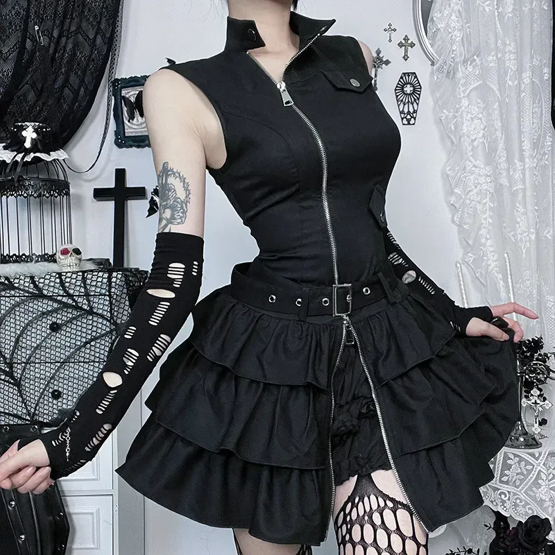 Women Gothic Solid Color Sleeveless Zip Dress