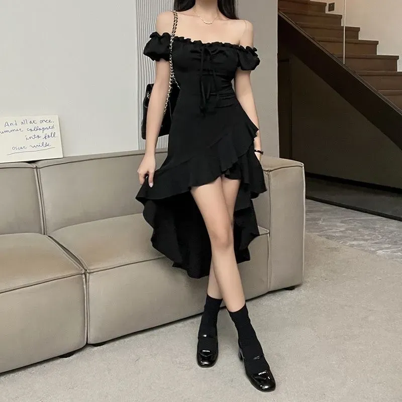 Women Fashion Sexy Black Ruffled Irregular Off-Shoulder Dress