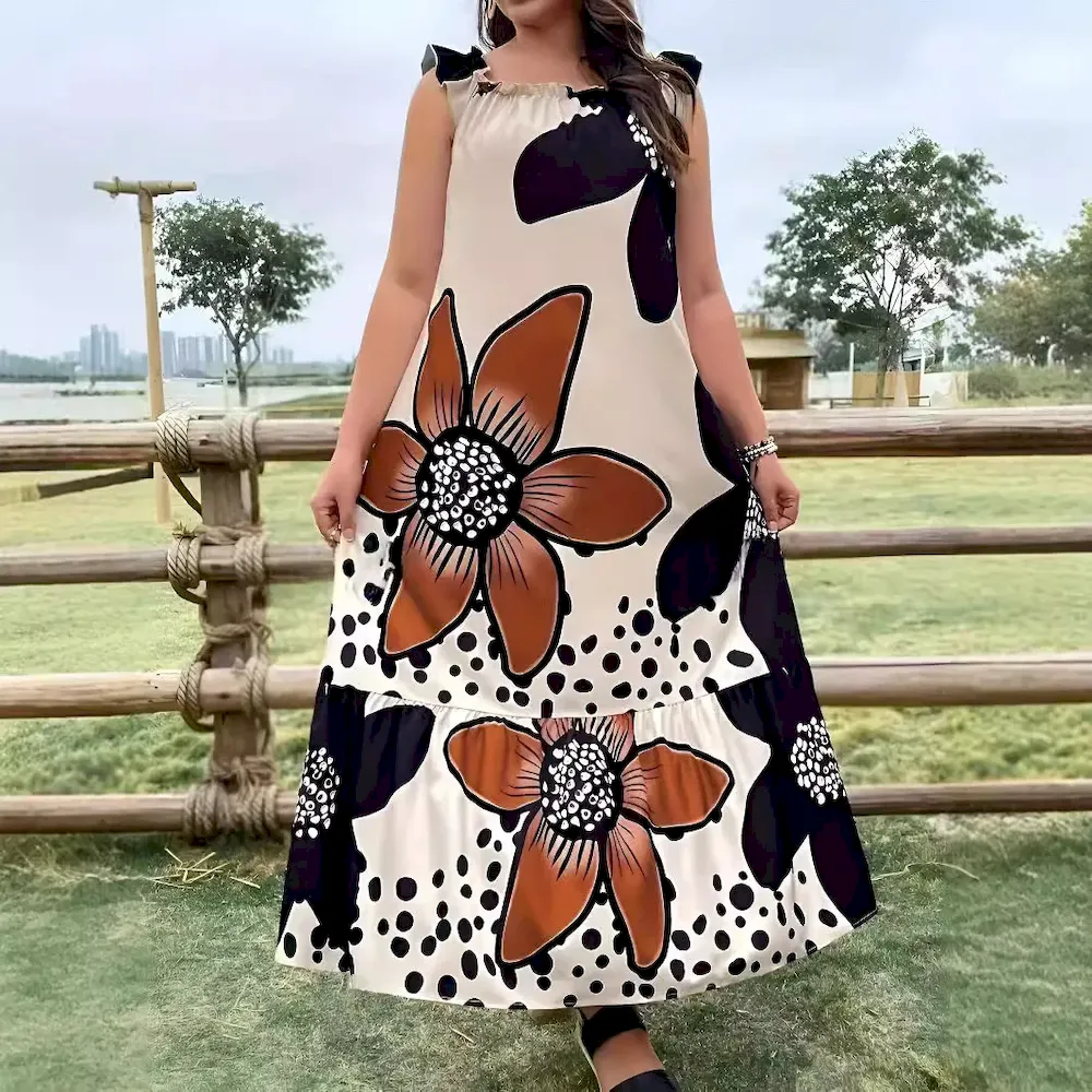 Women Fashion Casual Plus Size Floral Printed Sleeveless Pocket Loose Dress