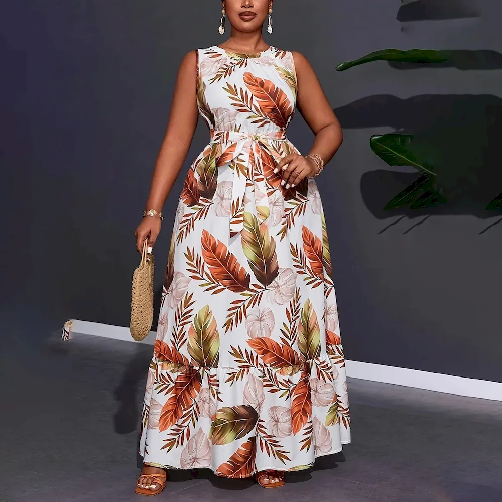 Women Fashion Casual Plus Size Floral Printed Sleeveless Lace-Up Loose Dress