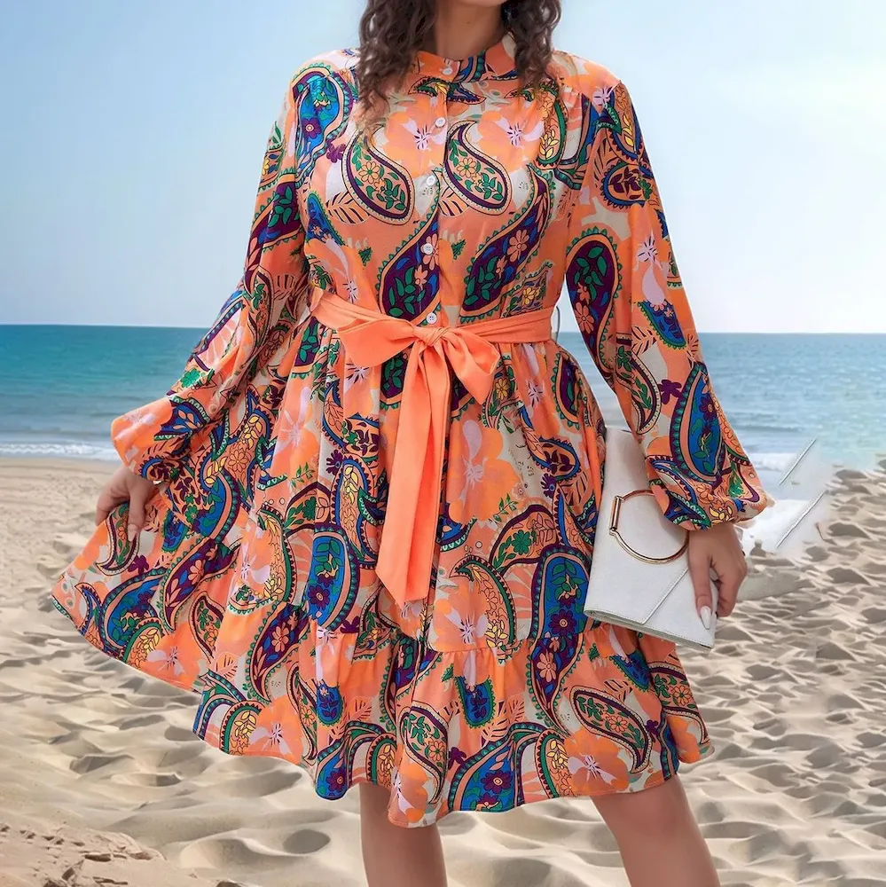 Women Fashion Elegant Plus Size Printed Long-Sleeve Lace-Up Loose Dress