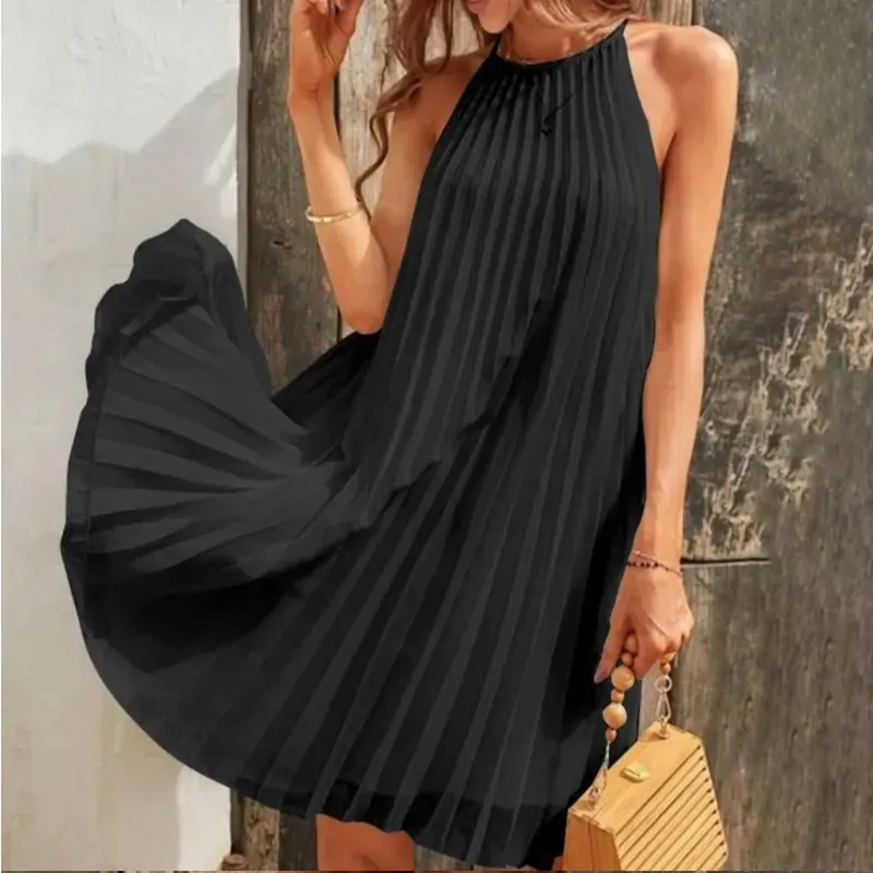 Women Fashion Elegant Solid Color Round Neck Sleeveless Pleated Dress