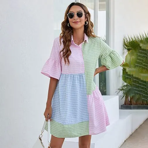 Women Fashion Casual Plaid Stitching Lapel Short-Sleeve Loose Dress