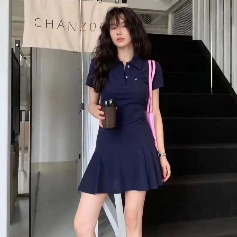 Women Fashion Casual Solid Color Embroidered Lapel Short-Sleeve Pleated Dress