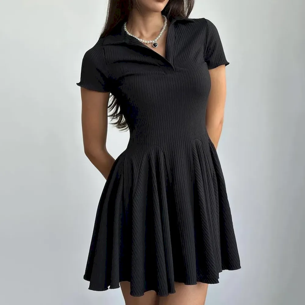 Women Fashion Simple Solid Color Lapel Short-Sleeve Dress