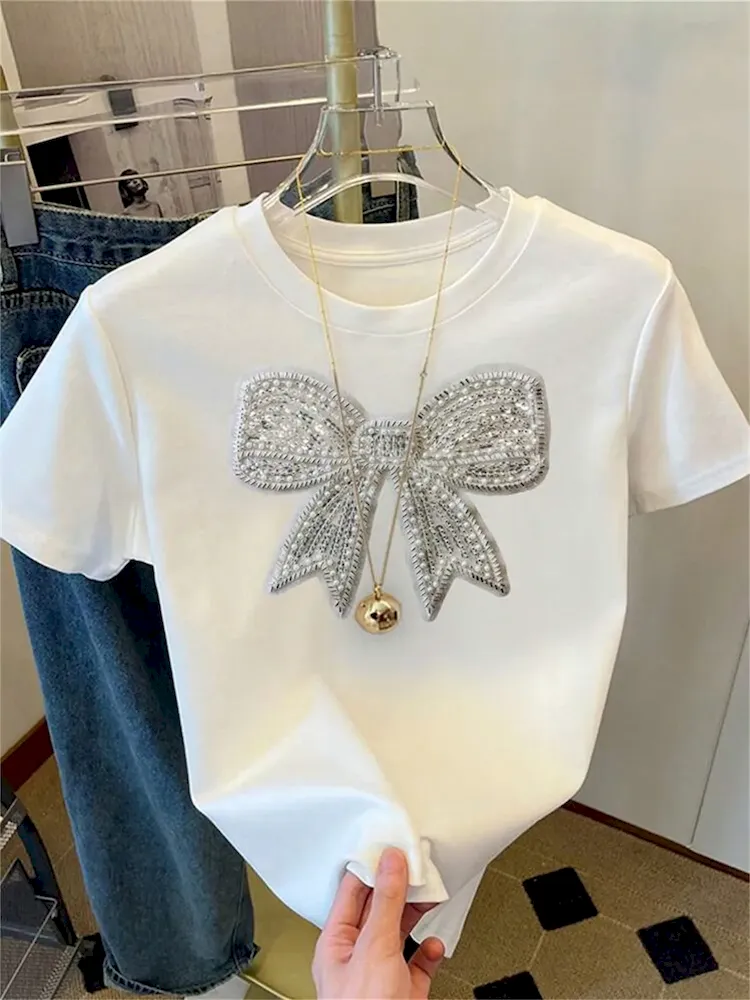 Summer Women Fashion Casual Loose Round Neck Bow Print Short Sleeve T-Shirt
